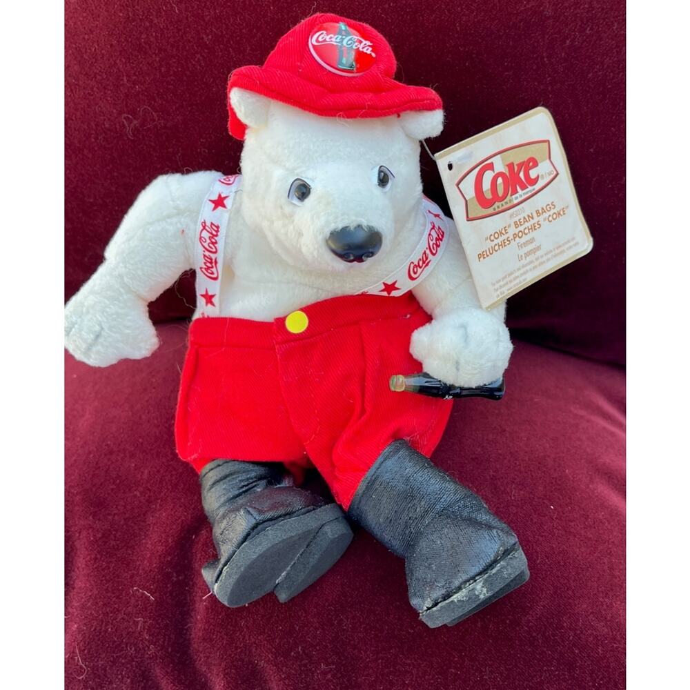Coca-Cola Bean Bag Plush Polar Bear Fireman in Pants & Coca-Cola Hat #HS0310